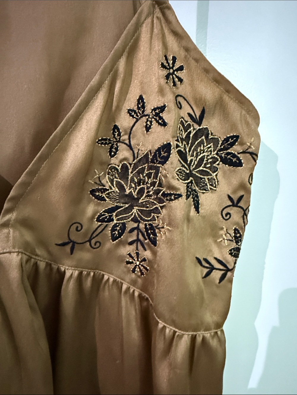 Zara Camel Satin Embroidered Spaghetti Strap Cami with Gold Thread - Picture 4 of 6